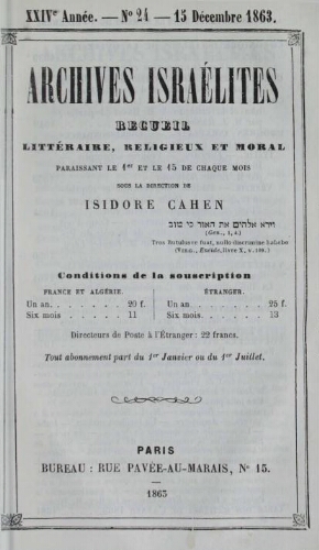 Archives israélites de France. Vol.24 N°24 (15 déc. 1863)